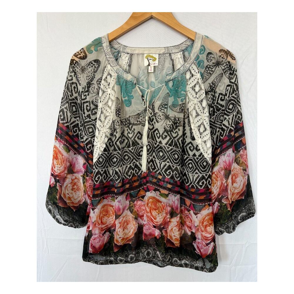 Fig And Flower Floral Butterfly Top Womens Size Small Tassel Lace Cottage Boho - Picture 2 of 10